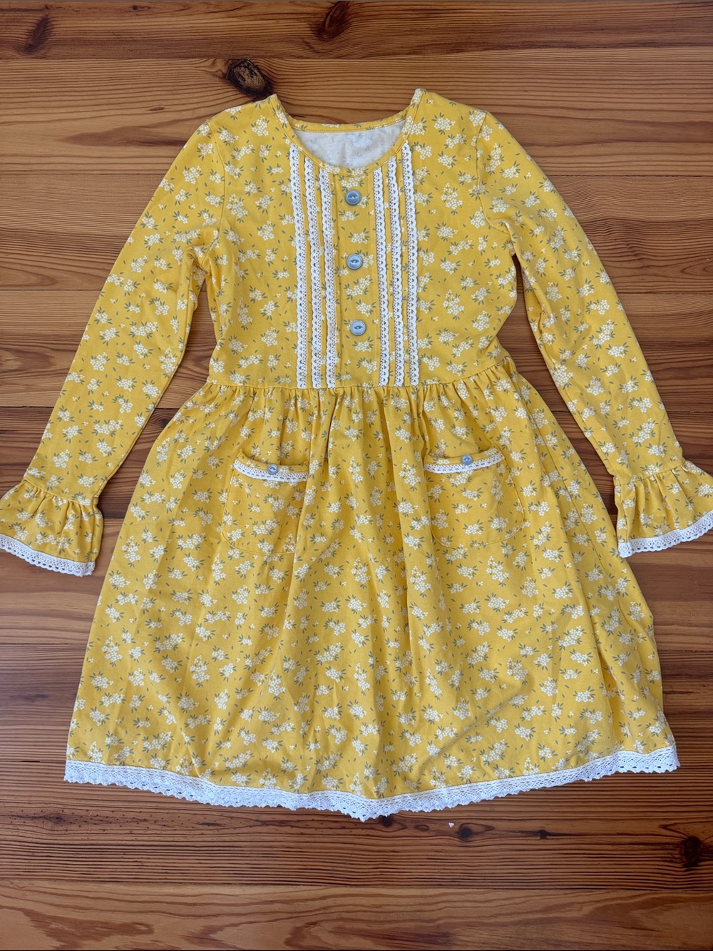 EUC Serendipity Shrimp & Grits Yellow Floral Long-Sleeve Girls Dress Lace Trim
